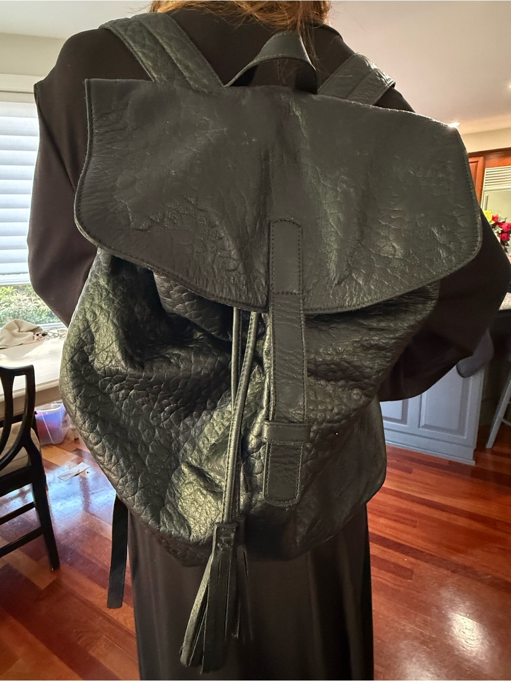 Eileen Fisher Black Leather Drawstring Backpack